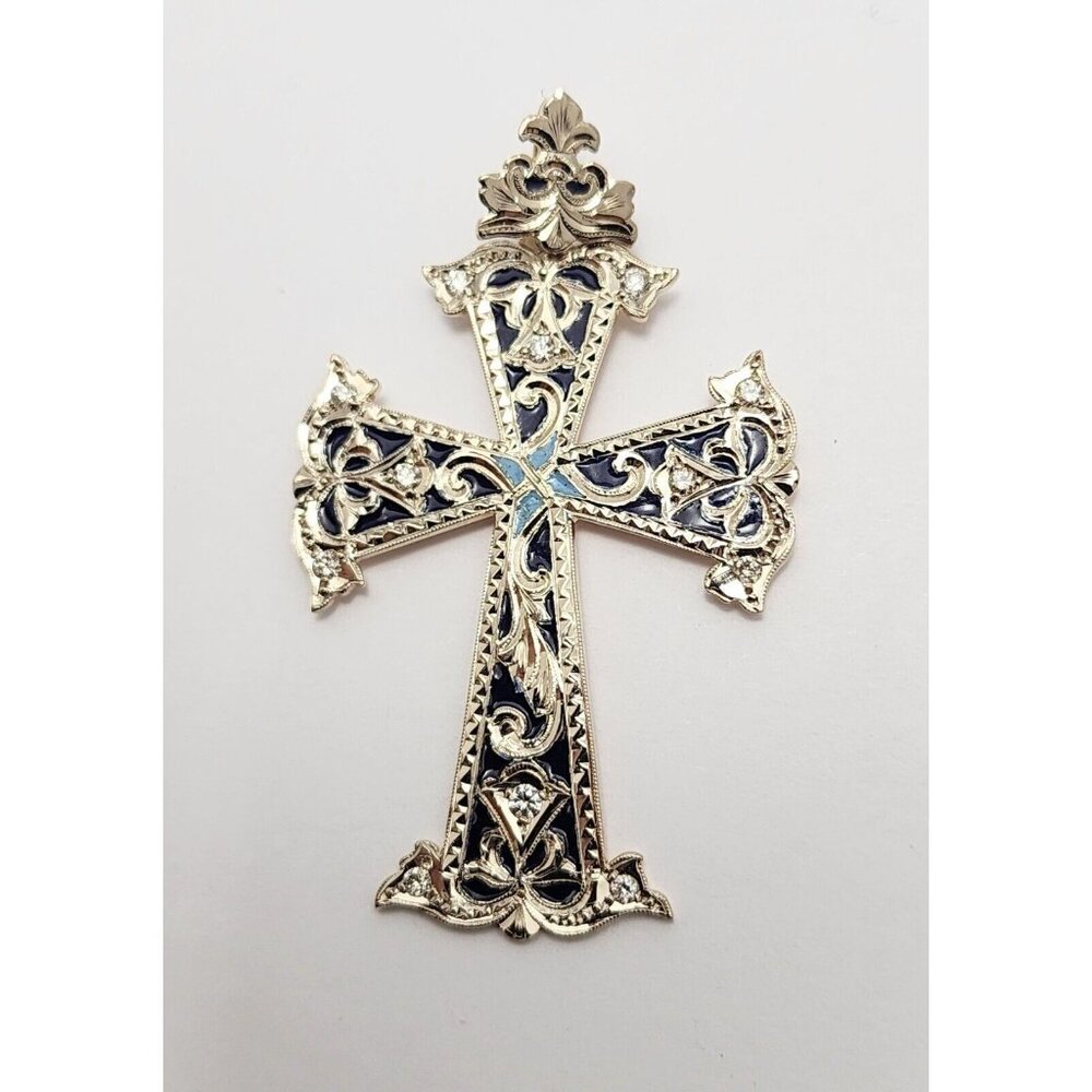 14K Solid Two Tone Multi Color Gold Hand Made Enamel Cross Diamond Charm Pendant
